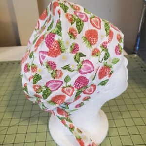 New Cotton Strawberry Print Scrub Cap W/Reinforced Ties & Back Elastic.